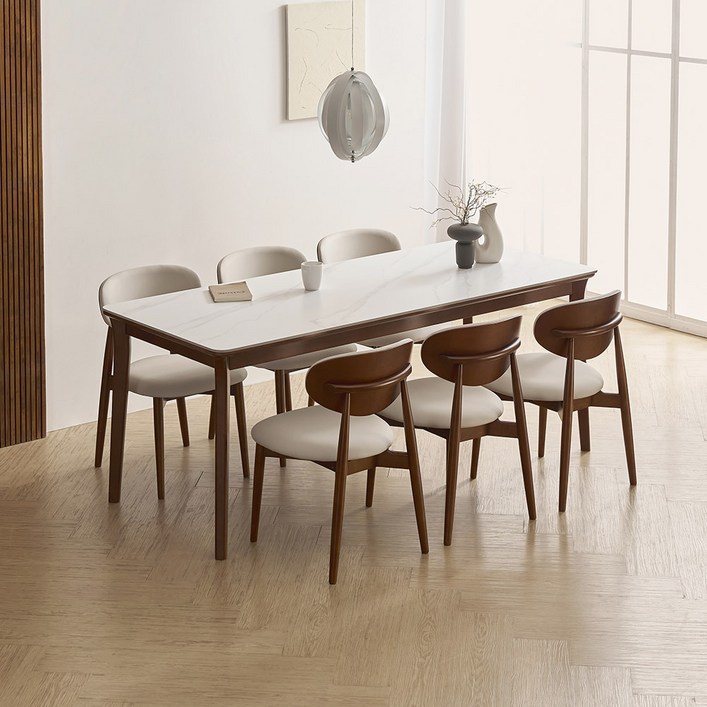 라로퍼니처 플레인 1900 포세린 통 세라믹 6인 고무나무 원목 식탁 세트 화이트  그레이 상판