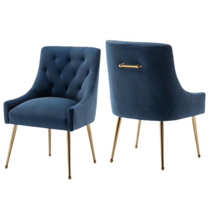 현대적인 벨벳 식탁 의자 골드 다리 디자인, 우아한 버튼 장식 포인트 체어, 거실 대기실 서재용, 네이비, 2개