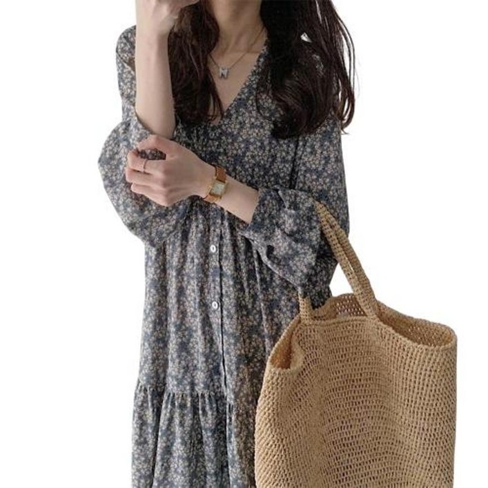 GR 봄 긴팔 캉캉 맥시 브이넥 원피스 꽃무늬 가을 롱 플라워 롱원피스