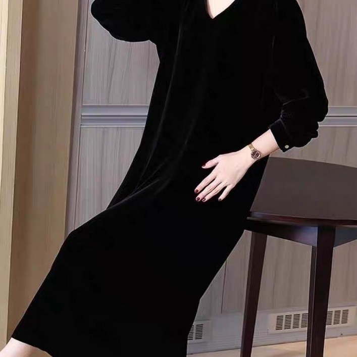 Seofst 여성 겨울 브이넥 벨벳 빅사이즈 원피스