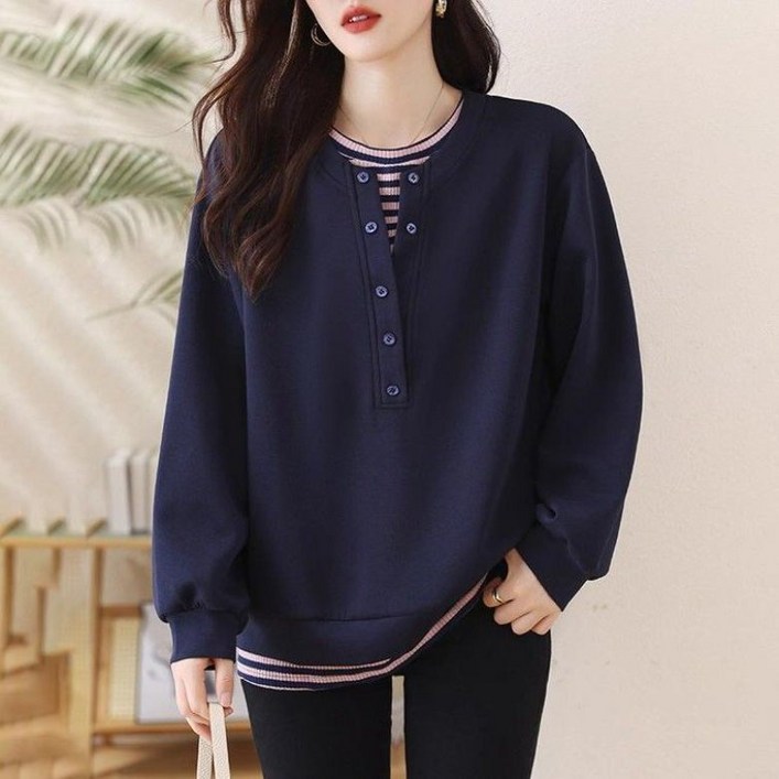 PEROLA 150kg까지 여성 빅사이즈 맨투맨 봄 가을 겨울 숏 라운드 긴팔 스트라이프 디자인 루즈핏 캐주얼 상의