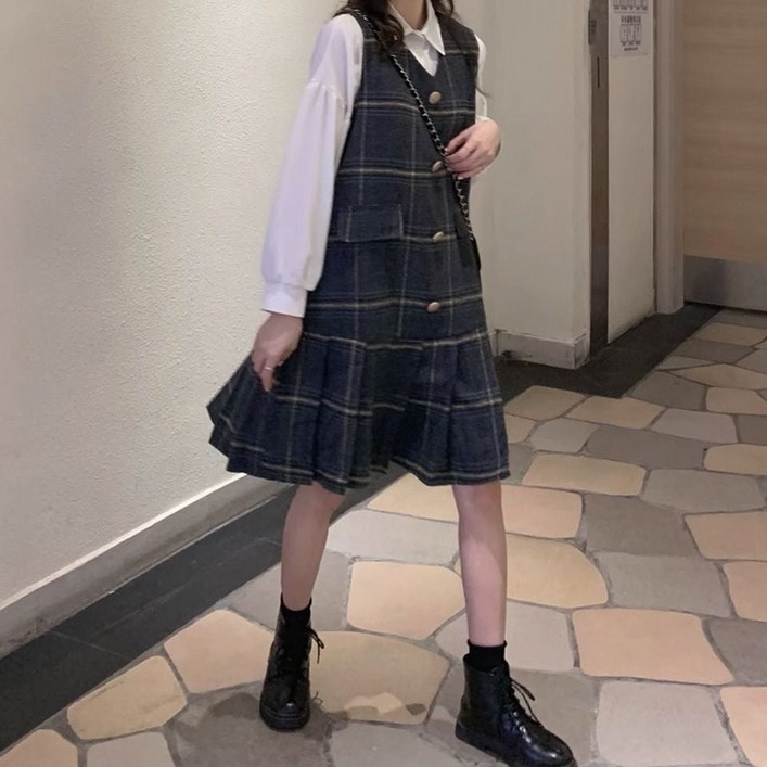 체크패턴 플리츠 오픈클로징 골드버튼 원피스 bil200wV