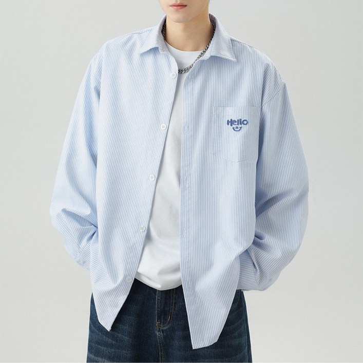 POMTOR 남성 봄 가을 긴팔 데일리 오버핏 자수 스트라이프 셔츠