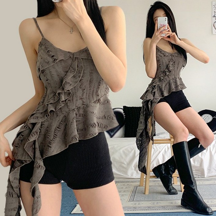 빈티지키치3col 해브 브이넥 언발 프릴 끈나시 뷔스티에 블라우스
