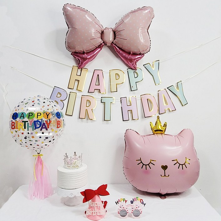 올리브파티 고양이 리본 풍선 옹브레 생일 파티 용품 가랜드 생일 모자 생일 안경 세트, 혼합색상 - 쇼핑앤샵