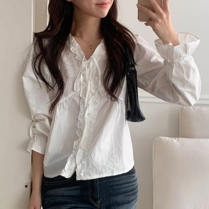 ANYOU 여자 셔츠 여유로운 V넥 데일리 마카롱 컬러 블라우스 프릴 셔츠