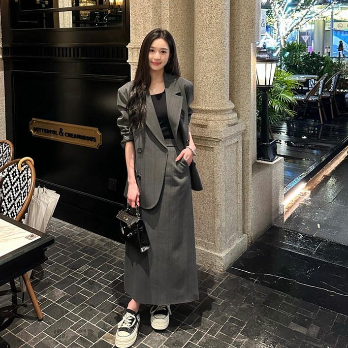 웨일쓰 여성 오버핏 정장 자켓 치마세트 루즈핏 하객룩 출근룩 롱스커트 면접 캐주얼 트렌치 셋업 수트 투피스