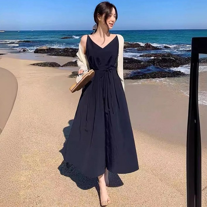 여름 뷔스티에 V넥 플레어 나시 롱 원피스 허리끈 바스락 캐주얼 민소매 원피스 날씬해 보이는 레이어드 하객룩 바캉스룩 비치웨어 휴양지룩
