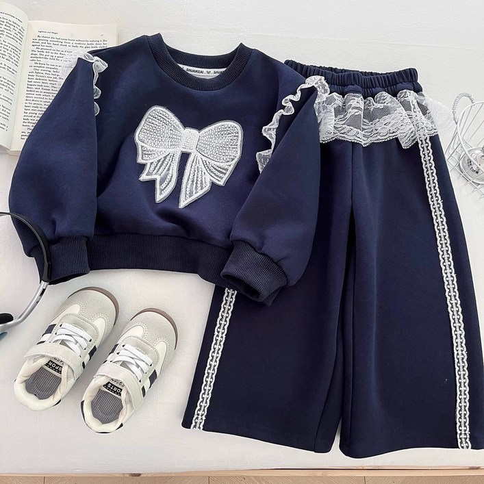 빛나는 키즈 나나샵 여아용 프릴 리본 기모 맨투맨  바지 상하2종 세트