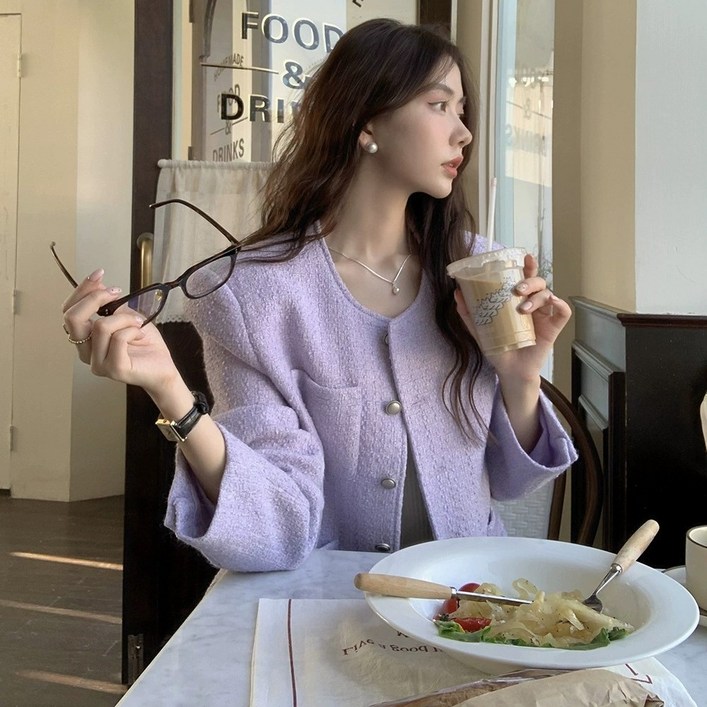 겨울 트위드 울 싱글 정장 코트 트위드 재킷