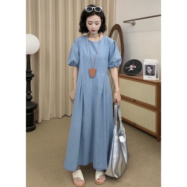 와이와이YY 퍼프 소매 슬림핏 데님 원피스 넉넉한 프리사이즈 4560kg