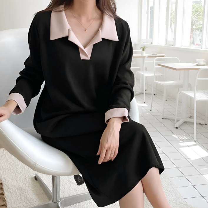 언니들의옷장 빅사이즈 배색 카라 V넥 롱 원피스