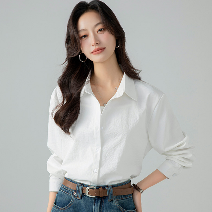 NUNUHANA 여성용 루즈핏 긴팔 셔츠 블라우스