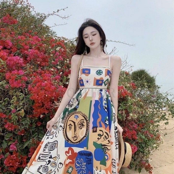 POMTOR 여성 여름 비치 롱 바캉스룩 나시 원피스