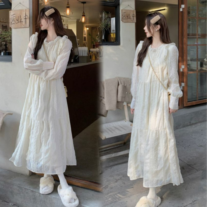 Asure 여자 레이스 원피스 봄가을 데일리 벨트 롱원피스