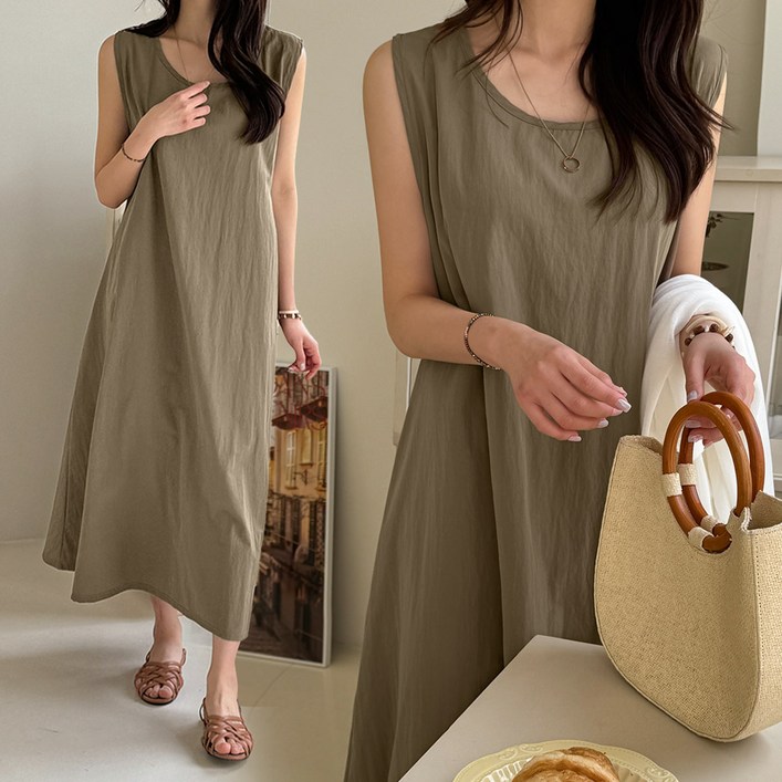 데일리앤 베일라 바스락 나일론 여름 시원한 민소매 나시 롱 원피스 아노락 플레어 썸머 바캉스 휴양룩