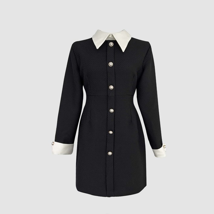 르네스 진주 버튼 카라 배색 트위드 미니 원피스