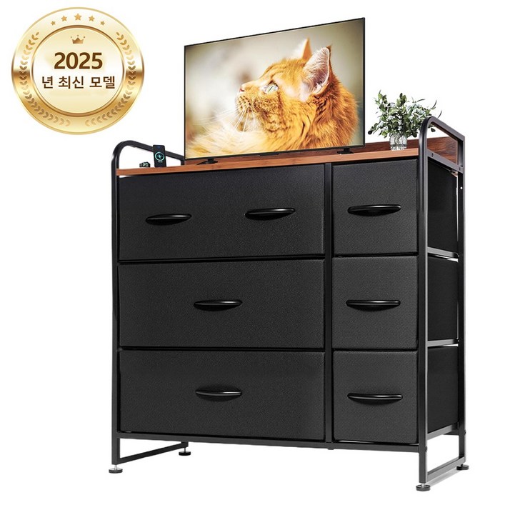 FITNEST 수납장, 서랍장, 합금강 소재, 천연 원목 상판, 방수 나일론 소재 서랍, 의류 수납, 어린이 장난감 수납, 거실 수납, 넘어짐 방지, 저포름알데히드, 3단 7서랍, 검정색