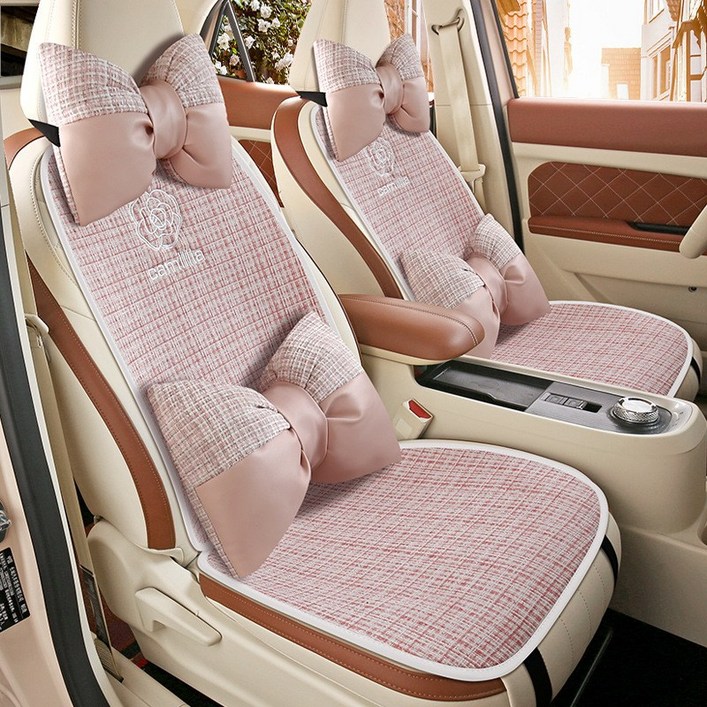 무니유유 자동차 린넨 사계절용 가벼운 통풍 동백꽃 리본 보호매트 시트 앞좌석, 1세트, 핑크