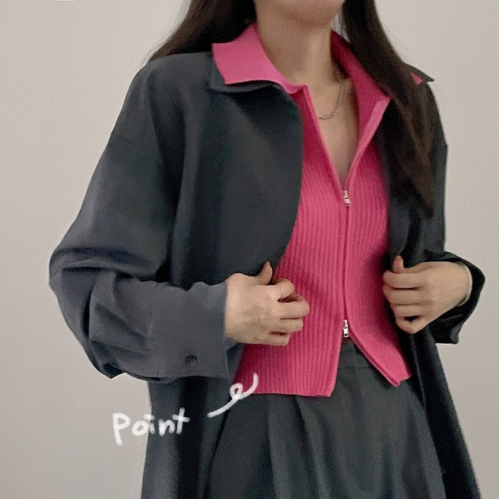 [디데이뉴] [코디에킥,,소프트] 투웨이 카라 집업 골지 쫀쫀 스판 레이어드 포인트 집업 니트 부드러운 가디건 9color
