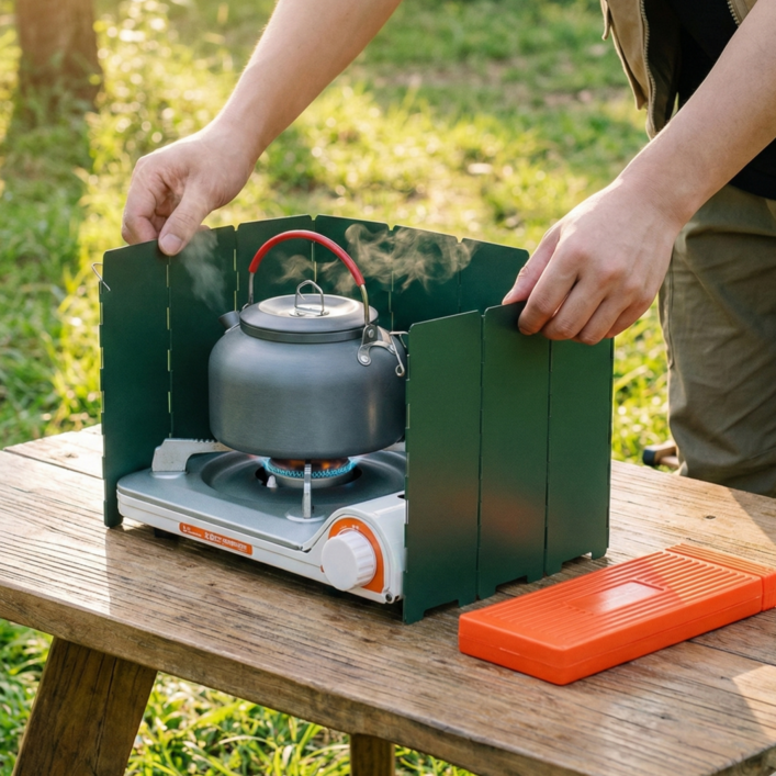 픽앤굿 10단 접이식 캠핑 버너 바람막이, 그린, 1세트