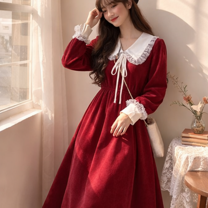 여성 러블리 빅카라 슬림핏 셔츠형 롱 원피스 긴팔 봄 가을