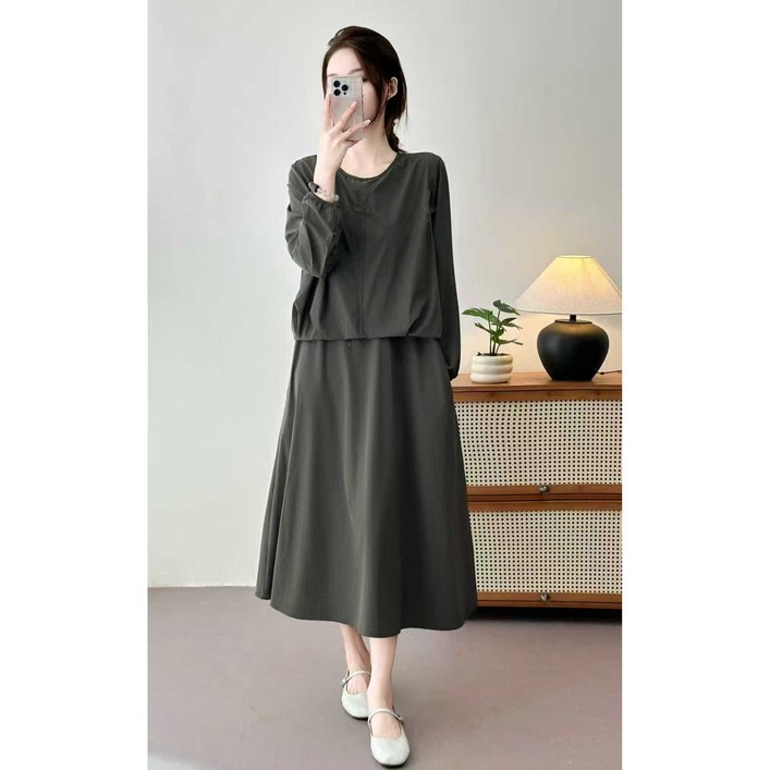 도아패션 여성 봄가을 긴팔 스판 원피스 외출용 투피스 캐주얼 롱 원피스 캐주얼 정장 투피스