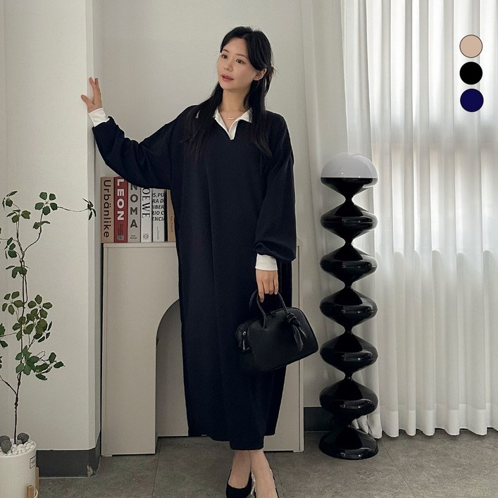 디테일웨어 여성 나나 카라넥 무지 롱원피스 빅사이즈 임부복 포켓포함 간절기 긴팔 원피스 구김없는 편한 원피스