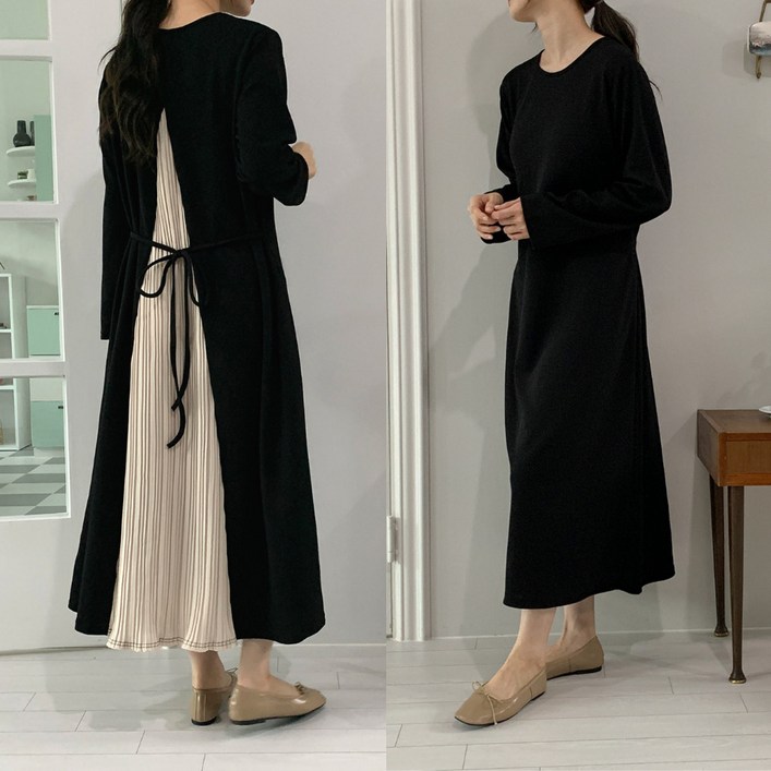 핏몬 여성 플리츠 리본 봄 가을 검정 롱 원피스