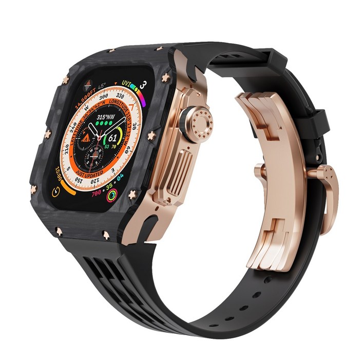 호환 애플워치 울트라  불소 고무 고급 명품 스트랩 탄소섬유 케이스 일체형 시계줄49mm, 블랙-로즈골드