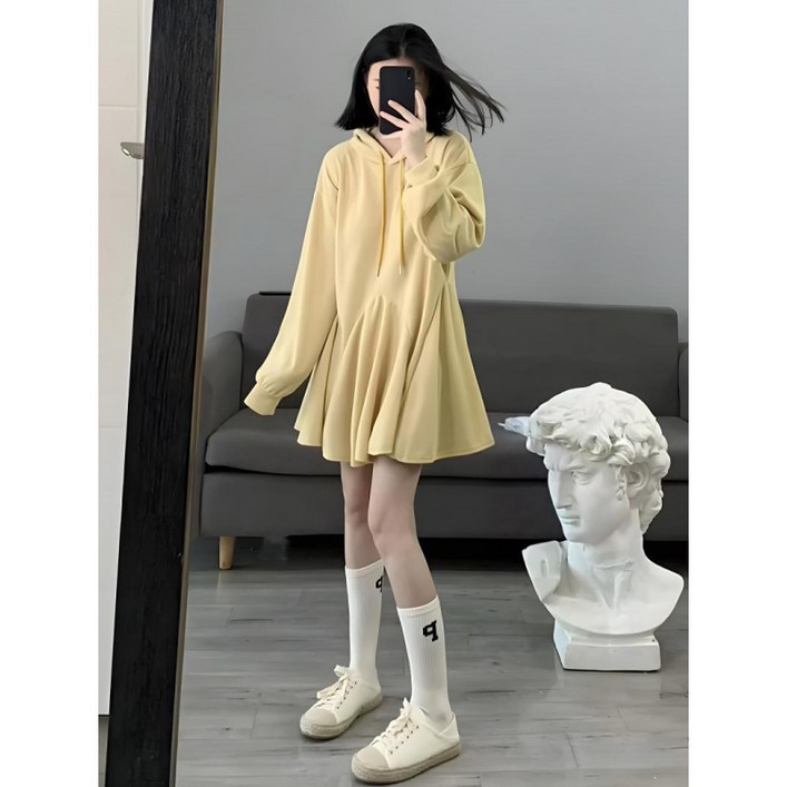 COSYEVNO 여성 봄가을 긴팔 원피스 루즈핏 패션 후드 빅사이즈 A라인 치마