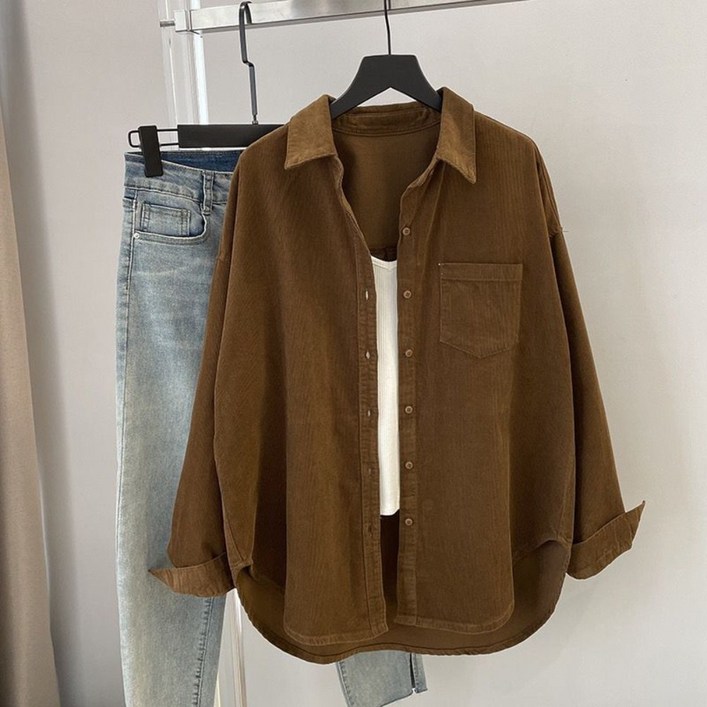 Vezri 여성용  봄가을 캐주얼 코듀로이 셔츠 단추 긴팔 단일 포켓  루즈핏 스타일 F88