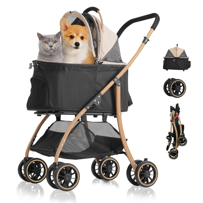MILALOUIS 접이식 분리식 반려동물 유모차 강아지 유모차 고양이유모차 개모차 일체형 뉴바론 개모차 원터치 퀵폴딩 개모차, 골드, 1개