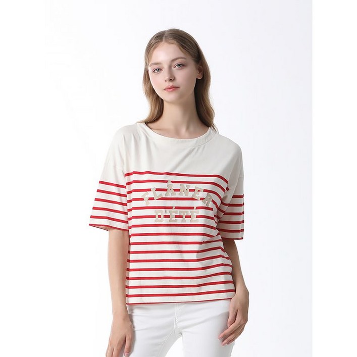 리스트 코튼 레터링 스트라이프 티셔츠