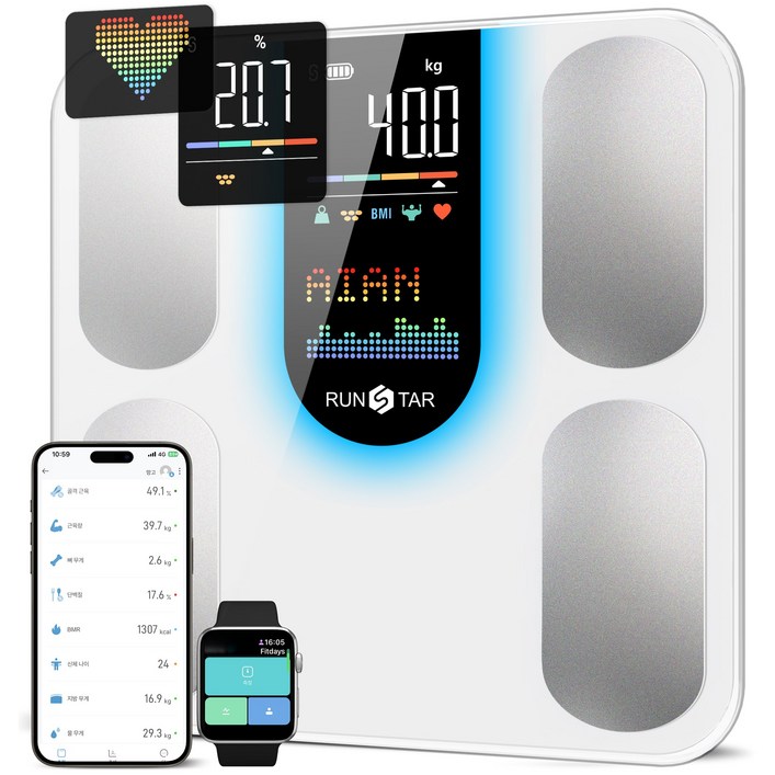 런스타 체중계 컬러 듀얼스크린 가정용 체중계 체지방측정 몸무게 체중계 스마트 블루투스 디지털 전자 체중계 체성분 분석 가능, 화이트, 1개, YSSS4V1