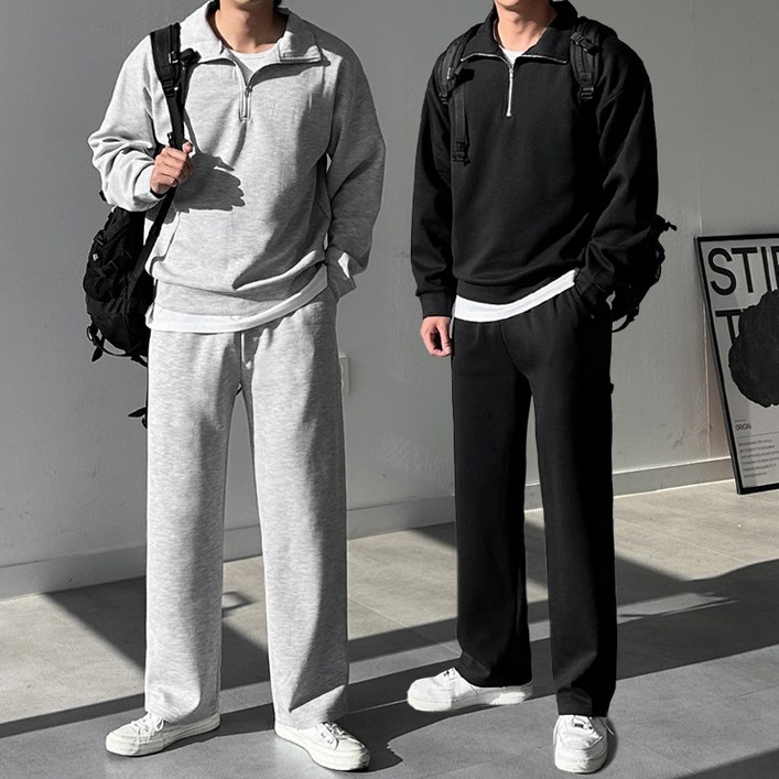 프리미엄 고급 남자 남성 반집업 맨투맨 세미와이드 트레이닝 바지 팬츠 츄리닝 셋업 상하의 세트
