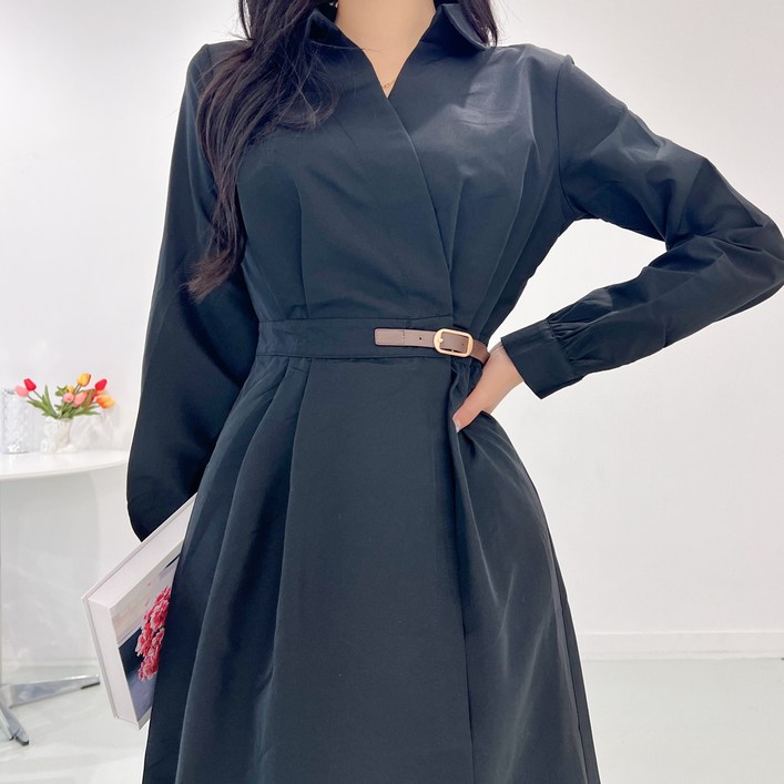 투디 오픈카라 벨티드 셔츠 플레어 롱원피스 하객룩, 3컬러