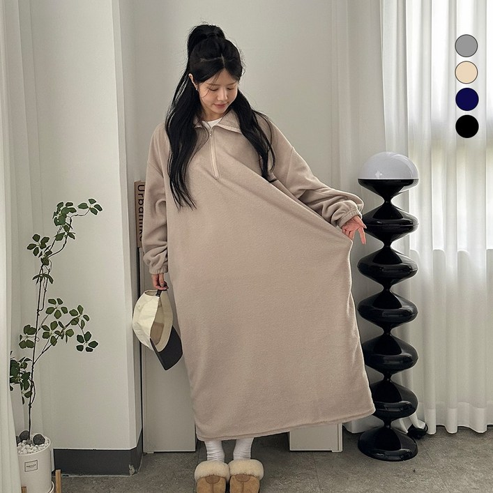 디테일웨어 여성 후리스 반집업 하이넥 빅사이즈 롱원피스 기모 도톰한 임산부 원피스 포켓포함 홈웨어 젊줌마 등원룩