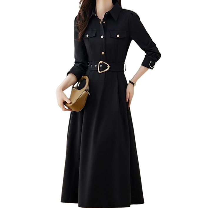 Jisham 여 봄 가을 긴팔 셔츠 원피스 칼라 스커트