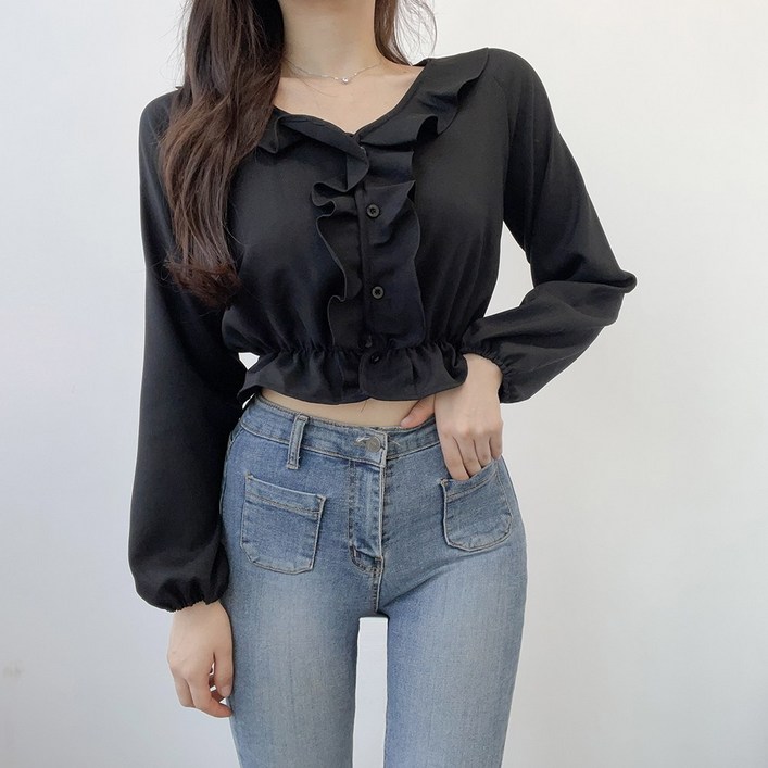 VANANA2 국내제작 페미닌 프릴 셔링 노카라 긴팔 블라우스 VANANA2 국내제작 페미닌 프릴 셔링 노카라 긴팔 블라우스