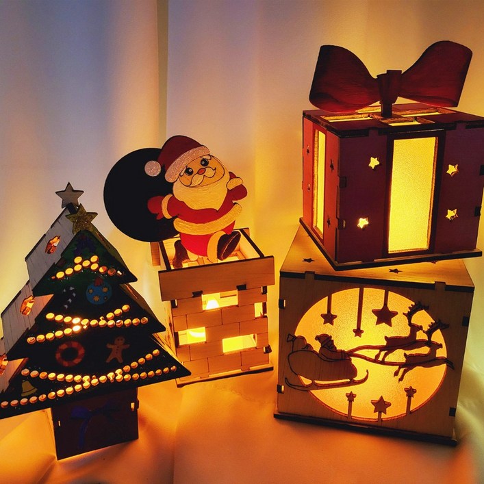 크리스마스 우드 무드등 만들기 4종 산타 트리 선물 LED등 포함, 우드무드등별헤는산타