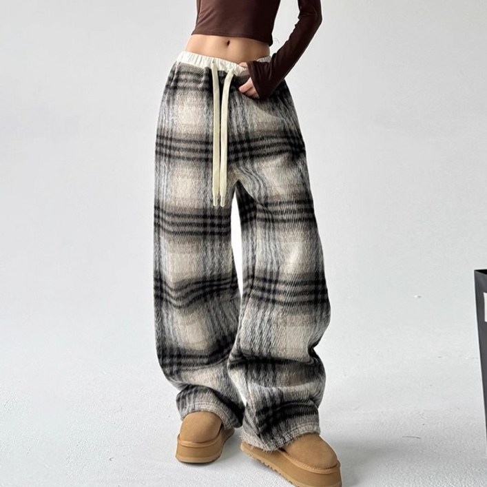쁘띠꼬모 여성 하이웨이스트 융털체크 와이드 밴딩팬츠 루즈핏 밍크체크 캐주얼팬츠 GX591830