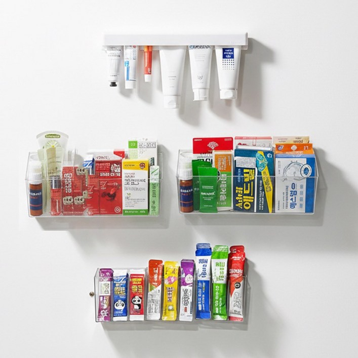 6P세트 이지유 공중부양 접착식 연고 약정리함 3칸 3개  1칸 와이드형 2개  튜브 홀더 롱 1개, 혼합, 1세트