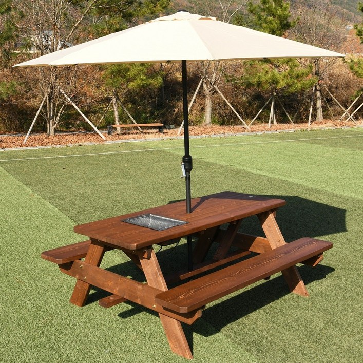 [100% 통원목] 엉클트리 일체형 [바베큐형] 야외 테이블 야외용 [강력한 볼트너트 체결] 세트