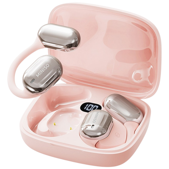 MINISO 이어폰 AI 자동통역 이어폰 블루투스 오픈형 회의 실시간 기록 양방향 통역, 핑크, MS162