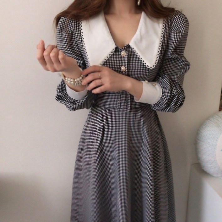 빅카라 진주버튼 체크 롱원피스 클래식 퍼프소매 하객룩 데일리룩
