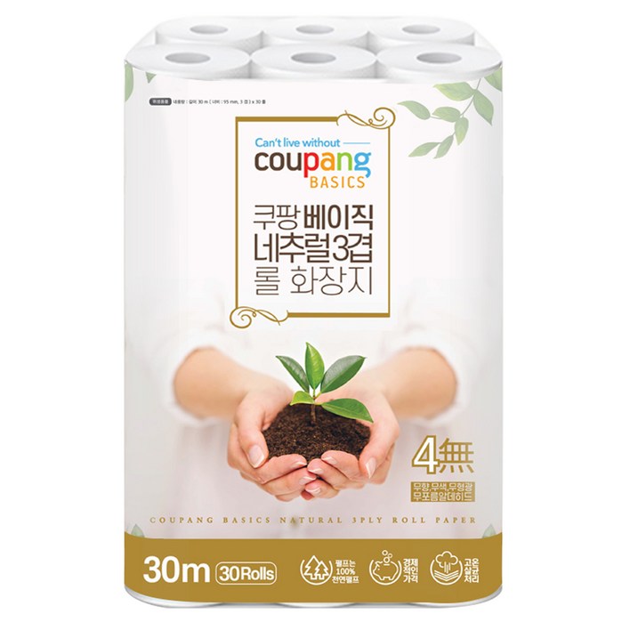 쿠팡베이직 네추럴 3겹 천연펄프 롤화장지 30m, 30개입, 1개