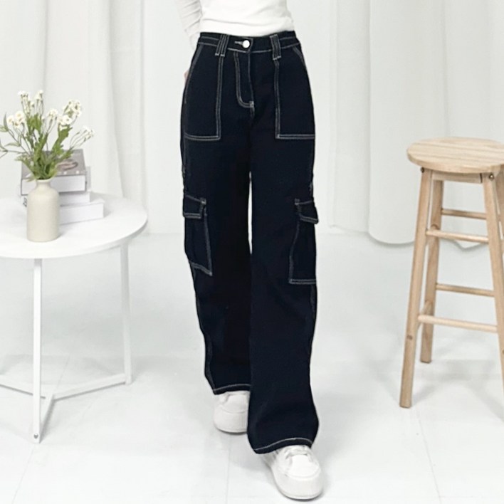 피어니스트 여성용 스티치 와이드 일자핏 청바지