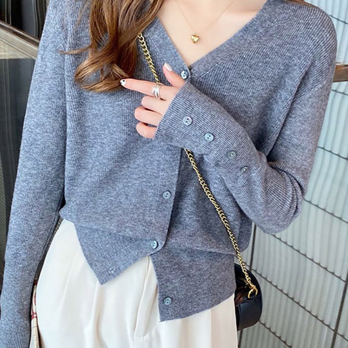 페이퍼먼츠 여성용 브이넥 버튼 시보리 긴팔 가디건 23132