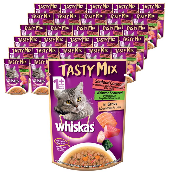 위스카스 어덜트 고양이 습식사료 파우치 테이스티믹스, 씨푸드미역, 70g, 28개